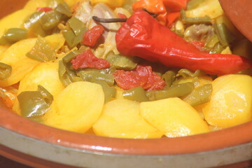 A close-up of Moroccan tajine with vegetables