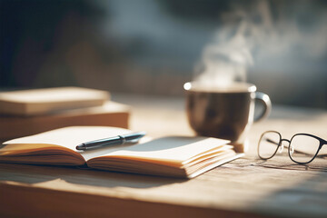 Warm Cafe Morning Study Desk with Steam Rising Coffee and Pomodoro Timer Ambience
