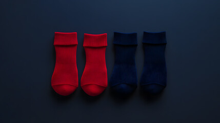 Red and navy ankle socks arranged on dark blue background, minimal style, cozy and comfortable feeling