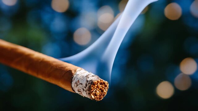 A close-up shot of a smoldering cigar tip with smoke elegantly curling against a dark, blurred backdrop.