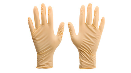 Fototapeta premium Pair of disposable latex gloves beige color protective medical clean isolated on white background sterile safety