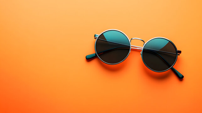 Round sunglasses with black lens and silver frame on vibrant orange background, modern summer accessory, stylish and trendy mood