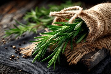 Fresh rosemary wrapped in burlap on wooden surface with scattered spices in a rustic kitchen setting