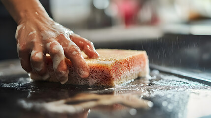 Hand cleaning greasy stovetop with soapy sponge, close up, kitchen cleaning, hygiene, hard work, determination, wet surface