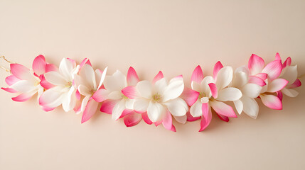 Pink and white lotus flower garland arranged on beige background, symbolizing peace and spirituality, delicate and elegant