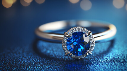 Platinum ring with sapphire gemstone and diamond accents on blue background, elegant and luxurious jewelry for special occasions