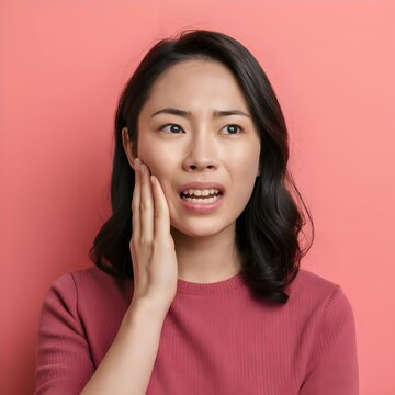 Portrait of a young asian woman with dark hair holding her face in pain against pink background