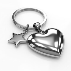 Shiny silver keychain with heart and star charms, realistic metal texture, elegant reflections, minimalist composition on a pure white background. Premium photorealistic quality.