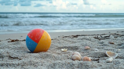 Obraz premium A bright beach ball resting on the sand with the ocean in the background and a few seashells scattered around.