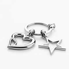 Shiny silver keychain with heart and star charms, realistic metal texture, elegant reflections, minimalist composition on a pure white background. Premium photorealistic quality.