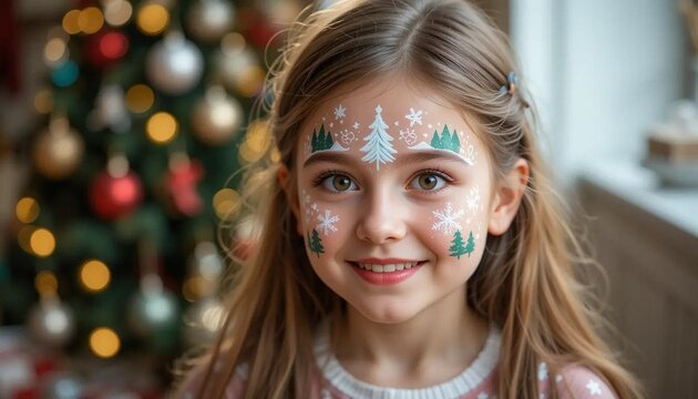 A smiling girl with christmas themed face paint in front of a decorated christmas tree indoors