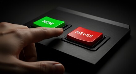 Finger pressing green 'NOW' button, symbolizing immediate action.