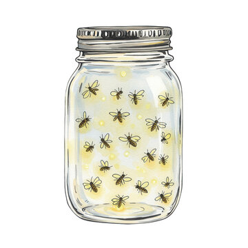 Fireflies glowing in a glass jar isolated PNG with Transparent Background