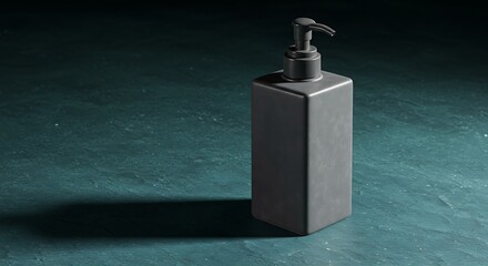 A solid, blank rectangular pump bottle made of a matte, charcoal-grey ceramic is the central focus