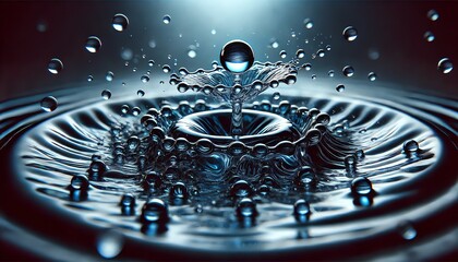 A macro shot of a water droplet colliding with a liquid surface