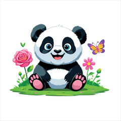 Adorable Cartoon Baby Panda Sitting Happily in Green Grass, Surrounded by a Pink Rose, a Daisy-like Flower, and a Flying Purple and Yellow Butterfly