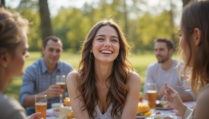 Obraz premium A smiling woman at an outdoor gathering with friends enjoying drinks and food in a park setting