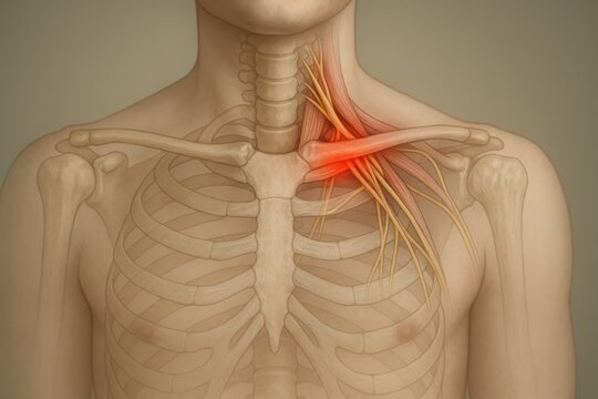 Frontal chest anatomy with red glow beneath collarbone, showing brachial plexus and scalene muscles. Medical concept of thoracic outlet syndrome, nerve impingement, scalene tension, shoulder pain.