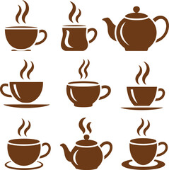 Obraz premium Collection of Brown Coffee and Tea Icons Featuring Various Steaming Cups, Mugs, and Teapots