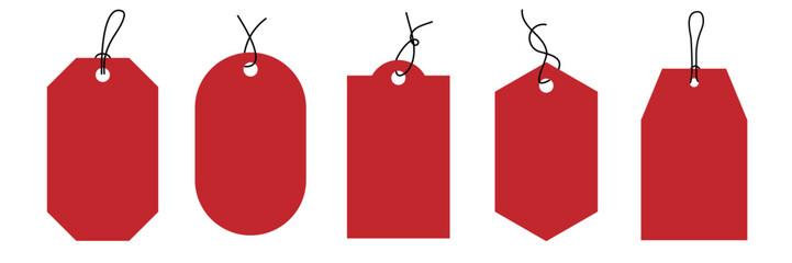 Set of red blank price tags in various shapes with strings, Minimal vector hanging labels.  for sale, discount, gift tag, branding template, packaging, promotion