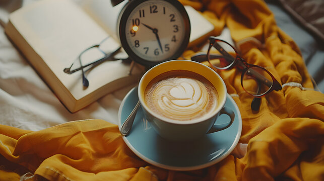 Flatlay of Morning Routine Setup: Alarm Clock Coffee and Glasses, in high resolution clean minimal style stock photo illustration background image ideal for templates advertisements and web banners sh