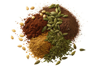Variety of spices scattered on a surface featuring seeds and colorful ground spice powders mix