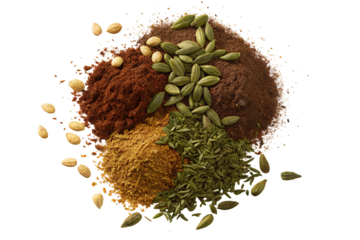 Variety of spices scattered on a surface featuring seeds and colorful ground spice powders mix