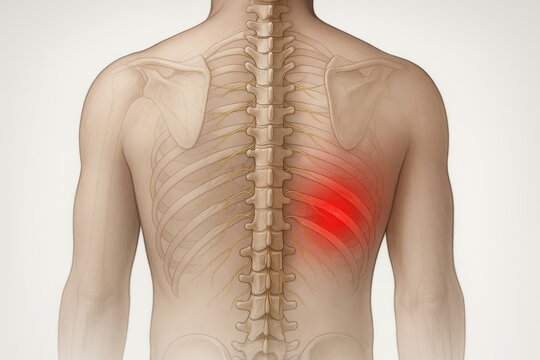 Back torso view with glowing intercostal pain near T7-T10 ribs. Medical concept of intercostal neuralgia, postherpetic pain, rib trauma, nerve inflammation, thoracic discomfort, nerve pathway anatomy.