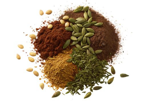 Variety of spices scattered on a surface featuring seeds and colorful ground spice powders mix