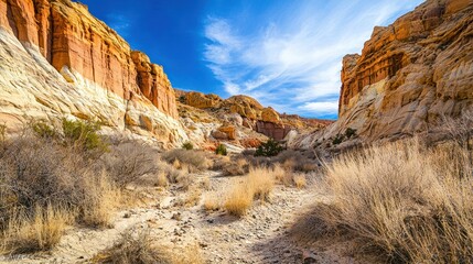 A desert canyon with colorful rock formations, dry vegetation, and a bright blue sky above.