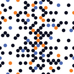 Abstract seamless pattern of scattered black, orange, and blue dots on a white background, with varying density.