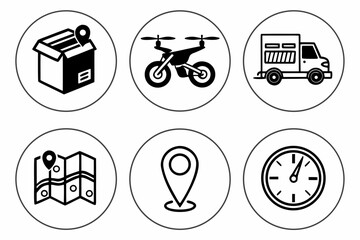 Delivery Service Icons Package Drone Truck Map Location Clock.
