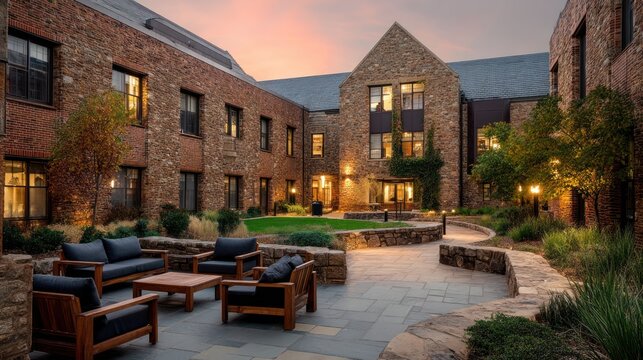 A dormitory building with a cozy outdoor seating area where students can relax, study, or socialize after classes.