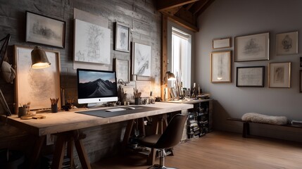 Inviting artist's studio featuring a computer workstation and rustic d?cor blending function and artistry