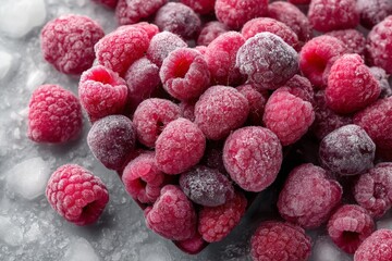 Fresh frozen raspberries displayed on icy surface ready for culinary use in desserts and smoothies