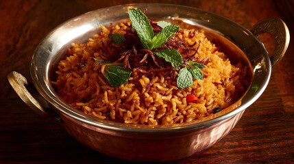 Aromatic, flavorful dish of rice in a copper bowl.