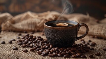 Steaming black coffee in ceramic cup, surrounded by roasted beans, soft natural light, International Coffee Day 2025 theme