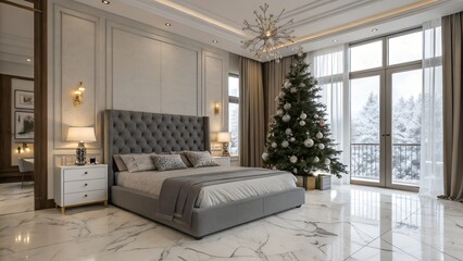 Luxury Modern Bedroom with Marble Floor and Crystal Holiday Tree