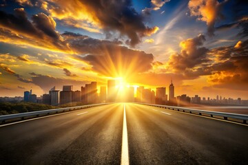 A long, empty highway stretches towards a vibrant cityscape under a dramatic sky filled with golden sunrise or sunset clouds and sunbeams