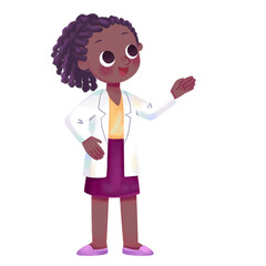 african woman doctor teacher professor tutor scientist lab coat character explaining