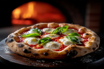 The vibrant San Marzano tomatoes, creamy buffalo mozzarella, and fresh basil of a Neapolitan pizza are highlighted by the warm, dramatic light of a wood-fired oven in the background.