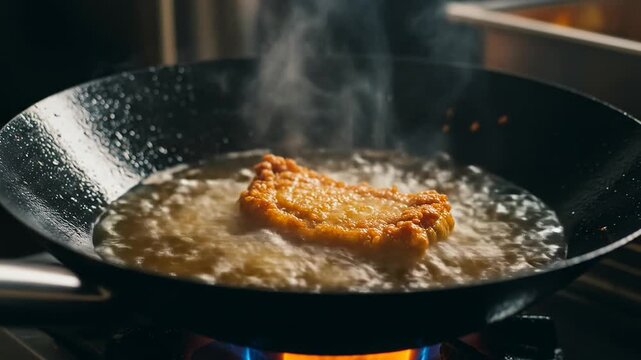 Close-up of food frying &ndash; sizzling texture and golden surface with hot oil bubbles