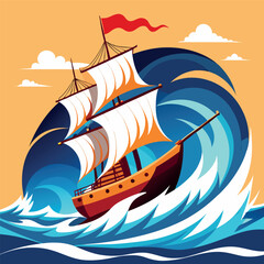Sail ship riding a high wave
