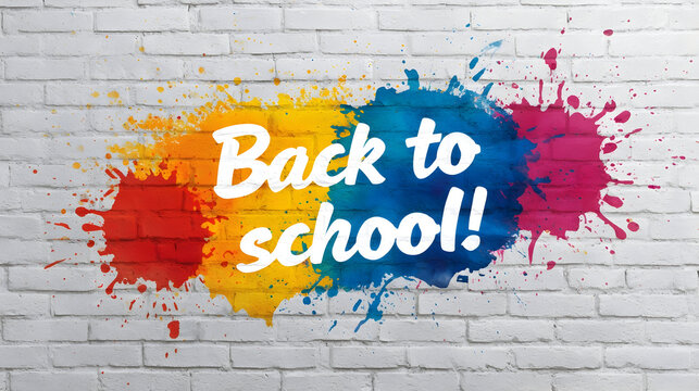 Dynamic Back to School message on vibrant, colorful paint splatters over a white brick wall, perfect for education campaigns
