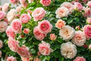 A closeup view of a lush rose bush with numerous pink and white blossoms, showcasing the delicate beauty and natural elegance of flowers