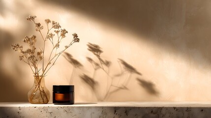 Dried flowers and a dark cosmetic jar on a neutral shelf.
