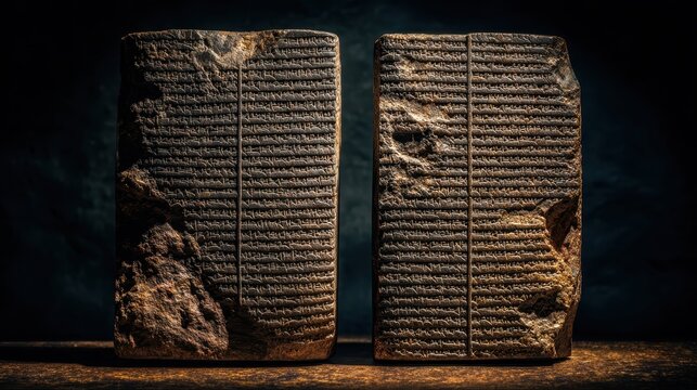 Cuneiform script etched on clay tablets, revealing intricate writing system documenting cultural complexity of early mesopotamian civilization through symbolic communication