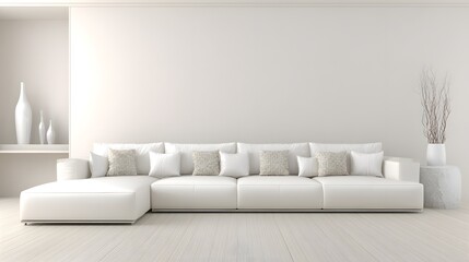 Modern minimalist living room interior with a white sectional sofa.