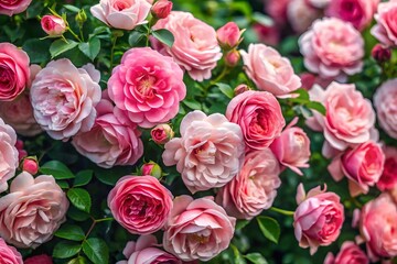 A closeup view of a cluster of beautiful pink roses in full bloom, showcasing their delicate petals and lush green foliage in a garden setting