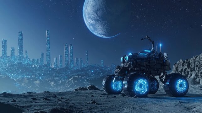 A robotic space rover exploring an alien planet with glowing technology.